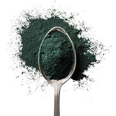 A spoon filled with green powder on a black background