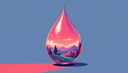 Obraz premium Colorful water droplet containing vivid landscape illustration, depicting mountains, trees, and serene nature scene. Concept of nature, environment, and artistic expression.