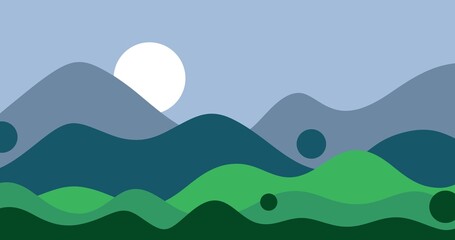 Fototapeta premium Cool toned flat landscape featuring blue and green mountain ranges with a white sun in a clear sky