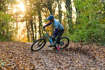 Fototapeta premium Mountain Biker Navigates Leaf-Covered Forest Trail During Golden Sunset