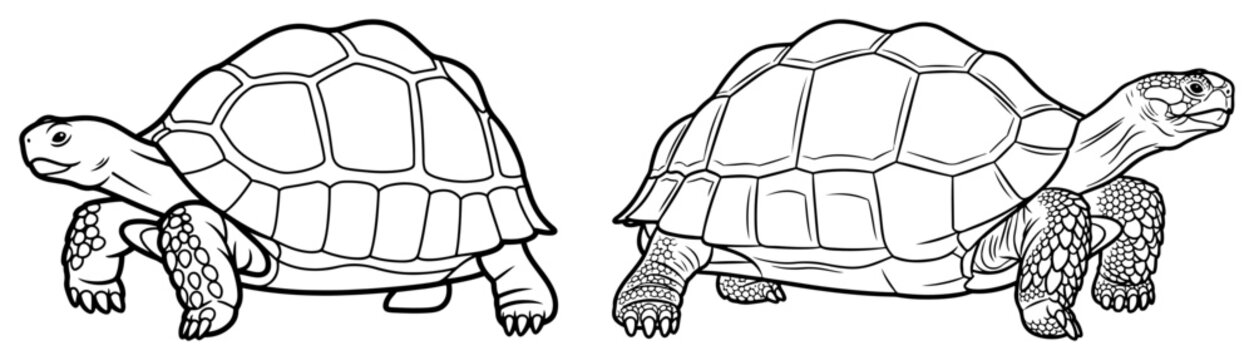 Two large giant tortoises walking in opposite directions vector sketch