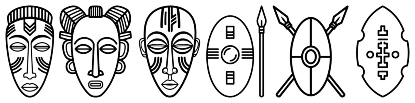 Set of African tribal masks and warrior shields with spears vector illustration