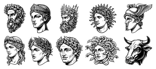 Set of ancient greek and roman mythology gods and goddesses heads in vintage engraving style © UrbanDruid