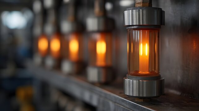 A row of industrial glass vials with bright orange glowing elements inside set against a metallic background
