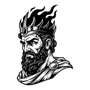 Mythological god of fire with flaming crown portrait in woodcut style