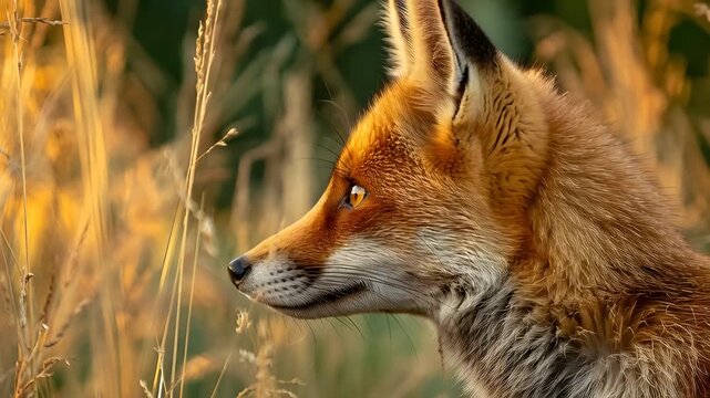 Natural closeup portrait of a vixen in grassy field illuminated by bright golden afternoon light, ideal for editorial, educational, and digital backgrounds.