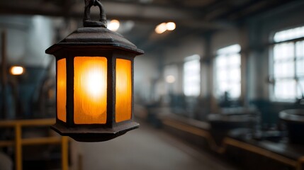 An old fashioned industrial lantern with a warm amber glow hangs in a factory interior