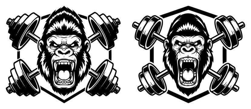 Aggressive gorilla head mascot with crossed barbells for gym logo
