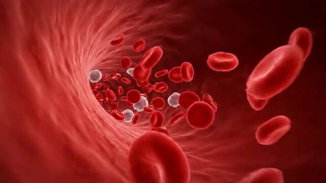 3D Macro Visualization of Bloodstream Journey: Red and White Blood Cells Flowing