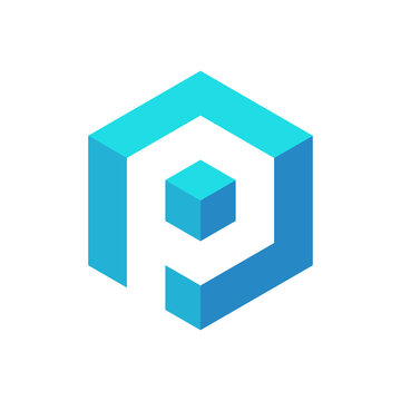 Modern 3D letter P logo in hexagon form representing box, packaging, and technology concepts. Clean geometric design suitable for logistics, software, startup, and industrial branding.