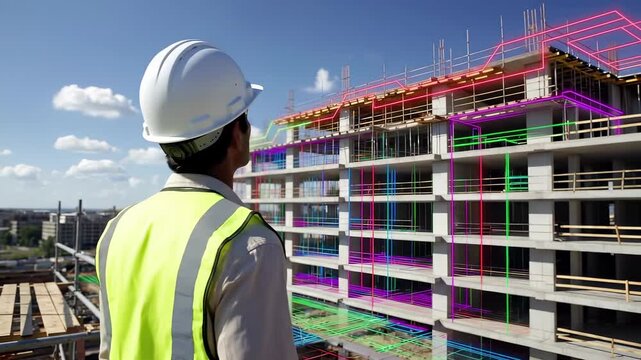 Construction engineer observing building site with digital bim overlay. Architecture visualization technology, infrastructure development and structural engineering project management with augmented