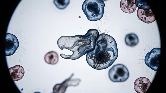 Microscopic view of various cells and microorganisms in a laboratory setting with a focus on a large cell