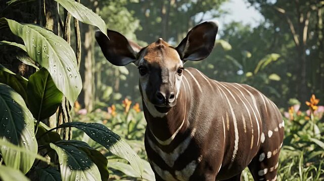 Striped forest antelope standing still in a lush tropical forest environment