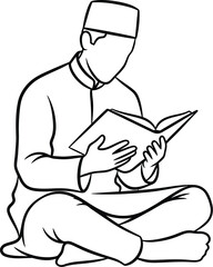 Man reading book while sitting cross-legged with focus and concentration