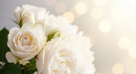 Obraz premium A close-up of a white rose with dewdrops, set against a blurred background with soft, warm light. The focus is on the delicate petals and the freshness of the flower.