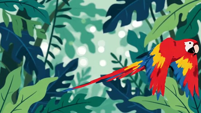 Colorful Macaws Flying Through Lush Tropical Jungle Foliage Pattern