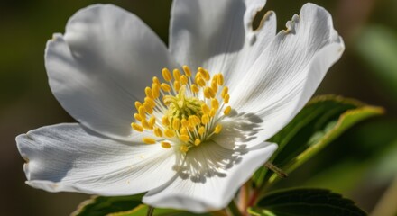 A close-up of a white flower with yellow stamens, set against a blurred green background, likely in a natural outdoor setting.