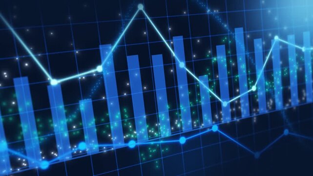 Trade, technology, investment and analysis glowing big data forex candlestick chart report diagram graph