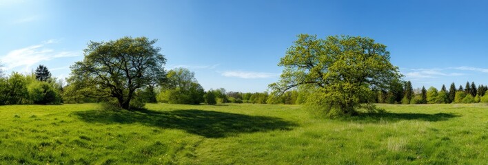 Scenic spring meadow with lush green trees under clear blue sky