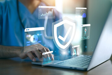 Doctor using computer AI technology to manage patient databases and promote health insurance...