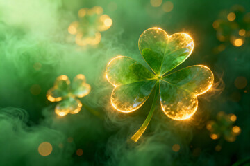 Glowing shamrock shapes emerging from a smooth green fog, illuminated by warm golden bokeh &mdash; magical, abstract St Patrick&rsquo;s Day Background.