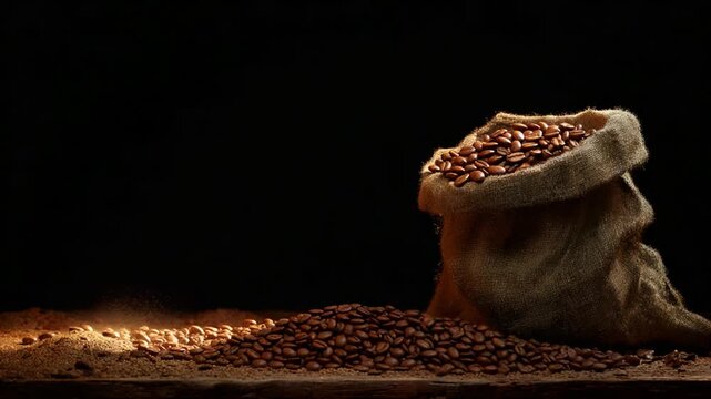 A dramatic display of coffee beans pouring from a burlap sack, highlighting the rich textures and earthy tones in an atmospheric setting, perfect for coffee lovers.