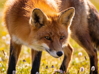 Obraz premium A fox is walking through a field of flowers