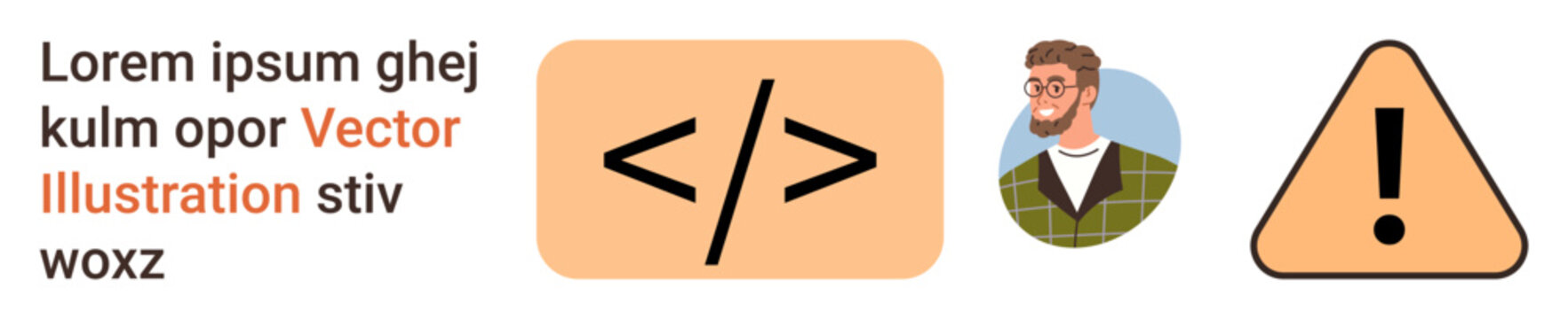 Web development, IT, profile icons, authentication, coding, warnings. Features a code symbol, a user avatar and a warning triangle. Web development and IT concepts