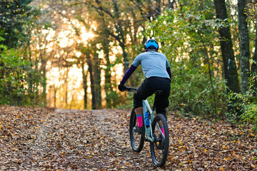 Autumn Forest Bike Ride: Back View Of Cyclist On Mountain Bike Along Leafy Trail