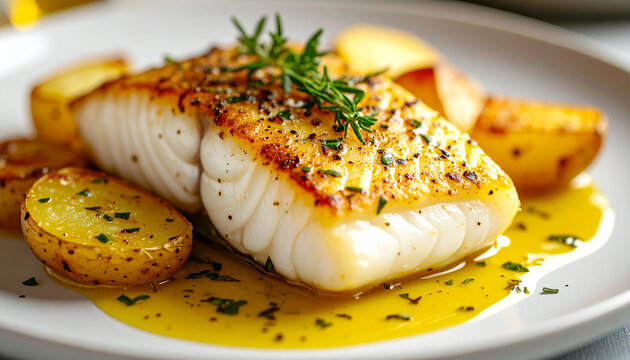 Creamy cod fillet with golden roasted potatoes, herb sauce drizzled on plate, gourmet meal, appetizing