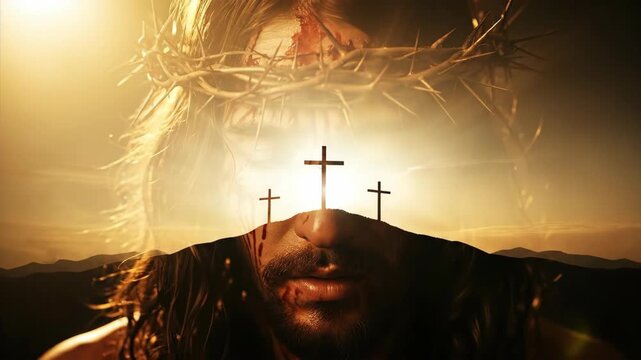 Double exposure of Jesus Christ's face with bleeding eyes, crown of thorns, and three crosses on a hill for a religious theme. Easter background.