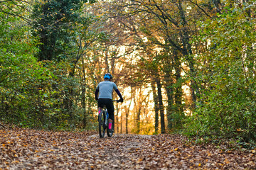 Obraz premium Autumn Forest Bike Ride: Cyclist On Leaf-Litter Trail During Golden Hour