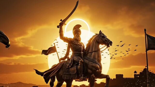 Shivaji Maharaj warrior statue horse ride video motion animated footage with raised sword at sunrise symbol of Maratha courage leadership and pride