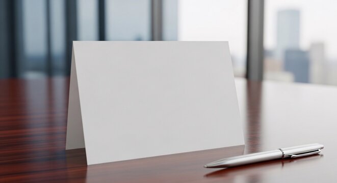 A clean, blank white folded name card or place card mockup sitting on a polished wooden desk in a bright office with a blurred city skyline background and a silver pen.