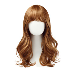 A long, wavy, brown wig on a mannequin head