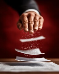 Debt over income concept, A hand dropping papers in a dramatic motion with a blurred background.