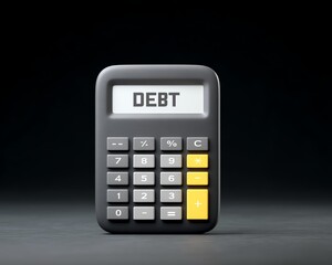 Debt over income concept, Calculator displaying the word debt on a dark background.
