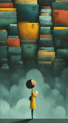 Debt over income concept, An illustrated character surrounded by towering colorful books.