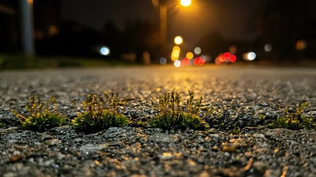 tortula. Small patches of green moss thrive in the cracks of a gritty asphalt road, illuminated by distant streetlights creating a soft bokeh effect against the dark night sky