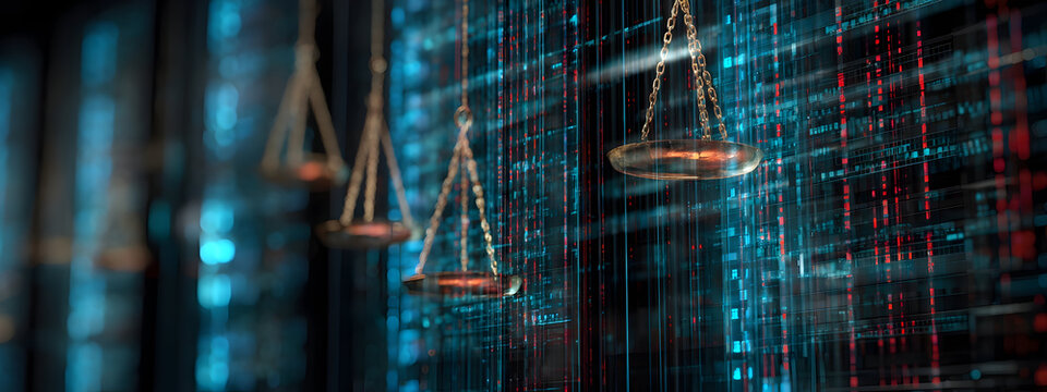 Law Scales Immersed in Digital Code Representing Justice and Ethical Considerations in the Technological Era, Balancing Legal Frameworks and Data Analytics