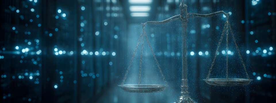 Justice in the Digital Age Illuminated Balance Scales Symbolize Legal Frameworks, Data Protection, and Ethical Decision-Making in a High-Tech, Interconnected World