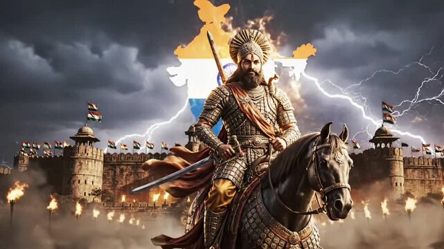 Shivaji Maharaj heroic cavalry video motion showing Maratha valor leadership power national pride and royal warrior spirit for Jayanti festival animation footage