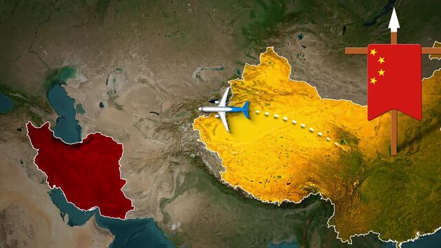 Motion Graphics Animation of an Airplane Flying from East Asia to Iran Territory