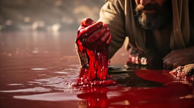 Moses' hand touching the blood-red water is a reference to the biblical Ten Plagues of Egypt, the bloody punishment that was the first plague of the Egyptians sent by God.