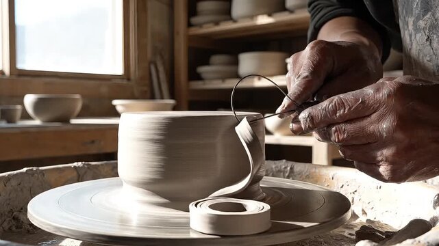 A person shapes clay on a pottery wheel in a workshop with hands and tools.