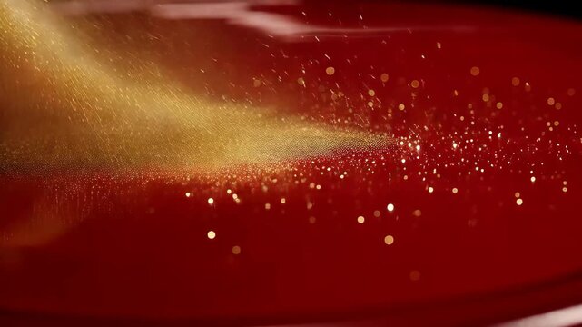 Sparkling particles and light flow across shiny red surface creating texture with glittering particles effect
