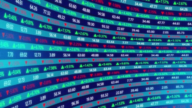 Bend curve display stock price table volume value arrow row move numbers of data price moving plus and minus financial stock economy market investment trading real time