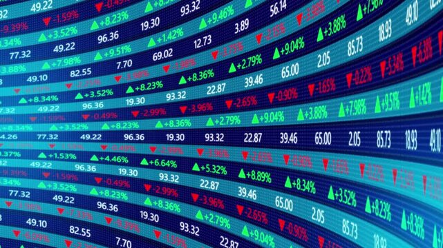 Bend curve display stock price table volume value arrow row move numbers of data price moving plus and minus financial stock economy market investment trading real time