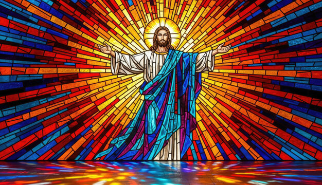Vibrant stained glass depicting Jesus with open arms and halo. Bright rays create a dynamic spiritual vibes. Ideal for religious projects.