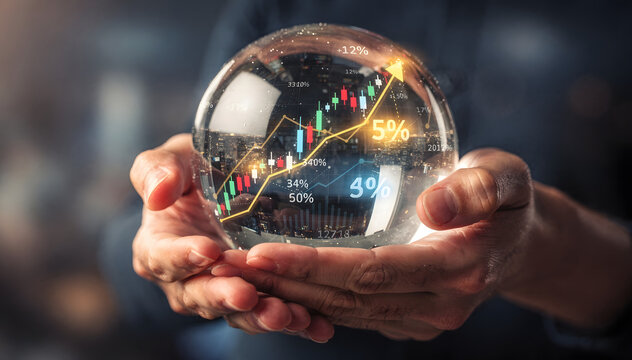 Conceptual Stock Market Future Prediction: Human Hands Holding a Crystal Ball Displaying Financial Growth Charts and Investment Projections for a Brighter Economic Outlook